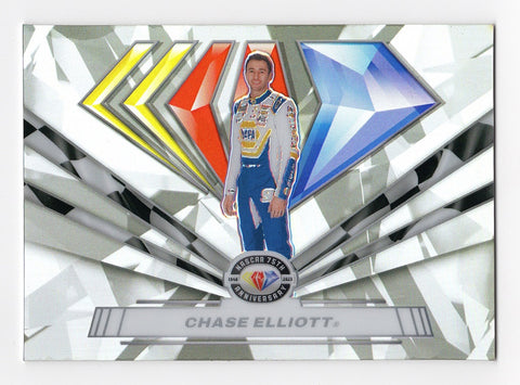 Chase Elliott 2023 Panini Chronicles Prizm Racing Diamond Anniversary Rare SSP NASCAR Card, authenticated by Panini America Inc. Comes with a lifetime guarantee of authenticity, making it an exceptional collectible or a distinguished gift for NASCAR fans.