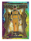 Front view of a Christopher Bell 2025 Panini Select Racing Sensations Tie Dye NASCAR trading card featuring the Joe Gibbs Racing driver and distinctive multicolor Tie Dye parallel design. This rare collectible is serial numbered #02/25 and appeals to NASCAR enthusiasts and collectors of limited-edition racing cards.