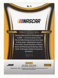 Detailed view of the Christopher Bell 2025 Panini Select Racing Sensations Tie Dye NASCAR trading card highlighting its vibrant parallel design and limited serial numbering of #02/25. With only 25 numbered copies, this collectible makes a great gift for Christopher Bell fans and enthusiasts of rare NASCAR trading cards.