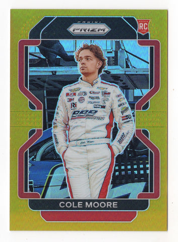 Cole Moore 2022 Panini Prizm Racing GOLD PRIZM ROOKIE Card - A limited edition collectible capturing Cole Moore's rise in NASCAR.