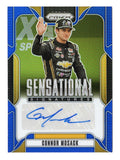 Connor Mosack 2025 Panini Prizm Racing Blue Sensational Signatures NASCAR autograph trading card featuring striking blue parallel styling. Individually serial numbered #14/49, this signed collectible highlights the rising NASCAR competitor and offers collectors a limited-numbered autograph card from the popular Panini Prizm Racing series.