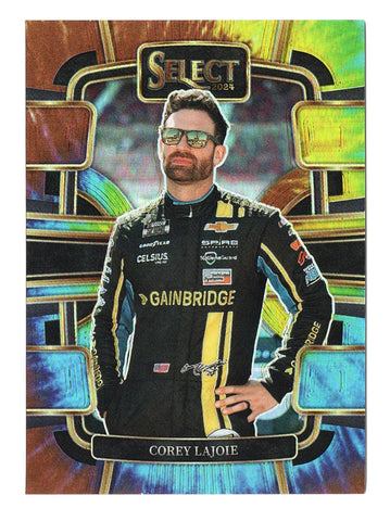 2024 Corey LaJoie Panini Select Racing Tie Dye Prizm Insert #01/25 card. This rare NASCAR collectible features a vibrant tie dye design. Only 25 cards were produced, making it an exclusive addition to any racing collection.