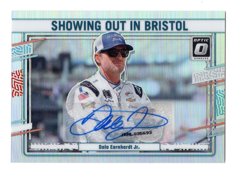 Exclusive Dale Earnhardt Jr. 2024 Donruss Optic Showing Out in Bristol Autograph trading card. Featuring the Silver Prizm finish and Earnhardt Jr.'s signature, this limited-edition NASCAR collectible captures a pivotal moment in his career. A rare gift for racing fans, with a lifetime authenticity guarantee.