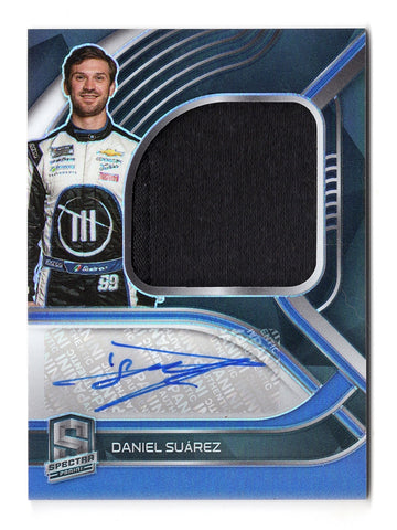 Daniel Suarez 2022 Panini Chronicles Spectra Racing SILVER PRIZM RELIC AUTOGRAPH Card - A collectible masterpiece featuring a race-used firesuit relic autograph by Daniel Suarez.