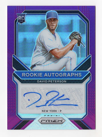 David Peterson 2021 Panini Prizm Baseball ROOKIE PURPLE PRIZM AUTOGRAPH Trading Card - Limited edition collectible with Peterson's signature, includes protective sleeve and toploader.