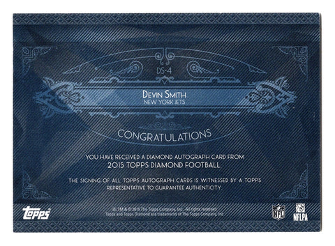 rare football cards 2015 DEVIN SMITH 2015 Topps Diamond Football ROOKIE AUTOGRAPH (New York Jet – Trackside