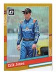 Erik Jones 2024 Donruss Optic Racing 1991 Retro Gold Prizm #06/10 card. A rare NASCAR collectible with only 10 copies in existence, featuring a stunning gold prizm design. This card is an exclusive addition to any collection and comes with a lifetime authenticity guarantee, making it a perfect gift for fans.