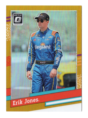 Erik Jones 2024 Donruss Optic Racing 1991 Retro Gold Prizm #06/10 card. A rare NASCAR collectible with only 10 copies in existence, featuring a stunning gold prizm design. This card is an exclusive addition to any collection and comes with a lifetime authenticity guarantee, making it a perfect gift for fans.