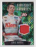 Signed Greg Biffle 2016 Panini Prizm Racing Firesuit Fabrics NASCAR trading card featuring race-used firesuit material. Individually numbered #05/99, this Green Flag Prizm insert is ideal for collectors of rare Panini Prizm NASCAR memorabilia cards.