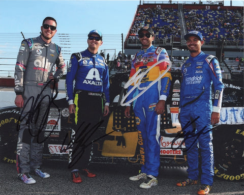 Autographed Chase Elliott, Kyle Larson, William Byron, and Alex Bowman 2021 Hendrick Motorsports Darlington Throwback Race signed 8x10 inch NASCAR glossy photo with Certificate of Authenticity