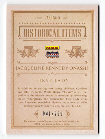 rare panini cards JACQUELINE KENNEDY ONASSIS Panini Americana 2012 Historical Items Card – Trackside