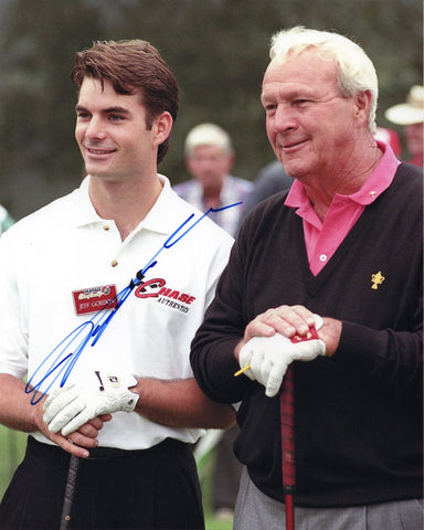 Autographed 8x10 photo featuring Jeff Gordon with his 1996 #24 Vantage Championship car standing beside golf legend Arnold Palmer. A rare crossover collectible perfect for NASCAR and golf fans, and it makes a great gift. We are always here to help with any questions.