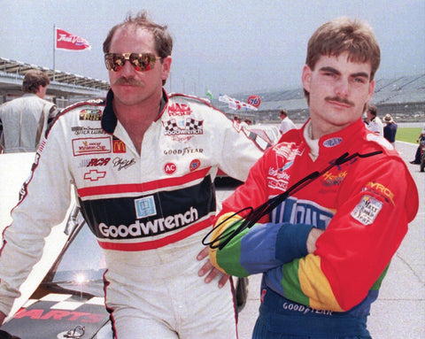 Autographed 8x10 photo showing Jeff Gordon during his 1993 rookie season on Daytona 500 pit road with Dale Earnhardt nearby. A rare early-career collectible that appeals to NASCAR fans and makes a great gift. We are always here to help with any questions.