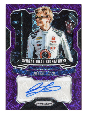 Jesse Love 2022 Panini Prizm Racing Purple Velocity Autograph signed NASCAR card, numbered #05/99. This limited-edition card features Love’s signature with a vibrant purple finish, making it a unique collectible. It comes with a lifetime authenticity guarantee, perfect for fans and collectors.