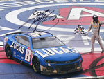 This autographed 2023 Kyle Busch #8 Lucas Oil Camaro Fontana race win photo features Busch in victory lane, celebrating his incredible win. The 9x11 inch glossy photo comes with a Certificate of Authenticity (COA), making it a valuable collectible for NASCAR fans and a perfect gift for racing enthusiasts.