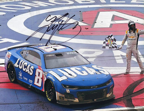 This autographed 2023 Kyle Busch #8 Lucas Oil Camaro Fontana race win photo features Busch in victory lane, celebrating his incredible win. The 9x11 inch glossy photo comes with a Certificate of Authenticity (COA), making it a valuable collectible for NASCAR fans and a perfect gift for racing enthusiasts.