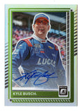 Kyle Busch 2025 Donruss Optic Racing Silver Prizm autograph trading card featuring the #8 Lucas Oil NASCAR paint scheme with reflective chromium-style finish and premium card design. A rare collectible for NASCAR fans, sports card collectors, and Kyle Busch memorabilia enthusiasts alike.