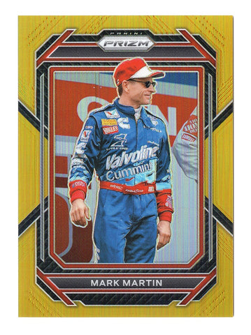 Mark Martin 2023 Panini Prizm Racing Gold Prizm NASCAR Card #03/10 featuring Valvoline branding, authenticated by Panini America Inc. With a lifetime authenticity guarantee, this card is a superb collectible or a memorable gift for NASCAR enthusiasts.