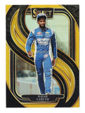Front view of an autographed Rajah Caruth 2025 Panini Select Racing Gold Prizm NASCAR trading card featuring the rising NASCAR driver, his signature, and striking gold parallel styling. This exceptionally scarce collectible is serial numbered #08/10 and includes a Certificate of Authenticity for NASCAR memorabilia collectors.