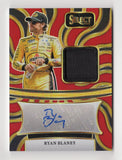 Front view of a Ryan Blaney 2025 Panini Select Racing autographed Red memorabilia firesuit NASCAR trading card featuring the Team Penske driver's signature and embedded firesuit swatch. This collectible is serial numbered #49/49 and appeals to NASCAR fans and collectors of limited-edition autographed racing memorabilia cards.