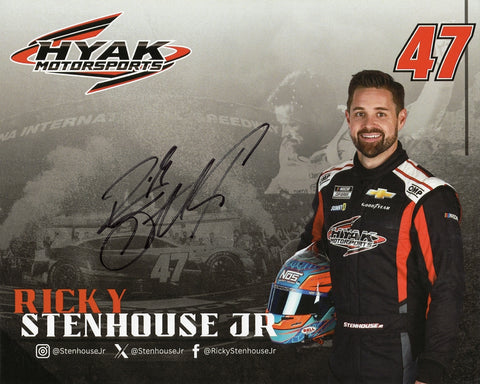Signed 8x10 glossy NASCAR collectible photo of Ricky Stenhouse Jr. #47 Hyak Motorsports Racing Official Hero Card featuring high-quality print and vibrant colors. Ideal for racing fans and makes a thoughtful gift for collectors and enthusiasts.
