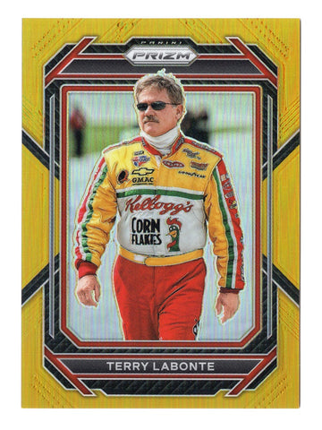 Terry Labonte 2023 Panini Prizm Racing Gold Prizm NASCAR Card #03/10, showcasing the #5 Kellogg's Corn Flakes design, certified by Panini America Inc. This rare collectible comes with a lifetime authenticity guarantee, making it a perfect gift for NASCAR enthusiasts.