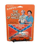 Rare Ertl 1/64 scale General Lee diecast car inspired by The Dukes of Hazzard television series. This collectible orange muscle car features the iconic number 01 door graphics, detailed wheels, dark windows, and recognizable styling associated with Bo and Luke Duke’s famous vehicle.