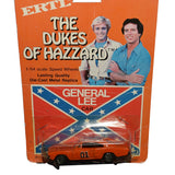 Side view of The Dukes of Hazzard General Lee car produced by Ertl in 1/64 scale. The rare diecast collectible displays its bright orange body, large number 01 graphics, classic muscle car shape, detailed tires, and memorable Hazzard County television styling.