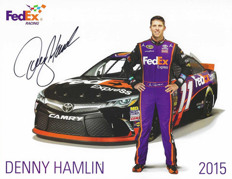 AUTOGRAPHED 2015 Denny Hamlin #11 FedEx Express Team (Joe Gibbs Racing) Sprint Cup Series Signed Collectible Picture 9X11 Inch NASCAR Hero Card Photo with COA