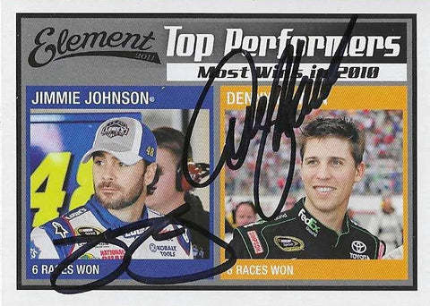 2X AUTOGRAPHED Jimmie Johnson & Denny Hamlin 2011 Wheels Element TOP PERFORMERS (Most Wins In 2010) Rare Dual Signed Collectible NASCAR Trading Card with COA