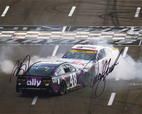2X AUTOGRAPHED Alex Bowman & Denny Hamlin 2021 Martinsville Win DENNY STOPS BURNOUT Rivalry Dual Signed 8X10 Inch Picture NASCAR Glossy Photo with COA