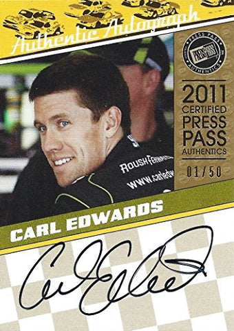 AUTOGRAPHED Carl Edwards 2011 Press Pass Legends Racing CERTIFIED PRESS PASS AUTHENTIC AUTOGRAPH (#99 Aflac Racing Team) Signed Collectible NASCAR Trading Card with COA (#01 of 50 produced)