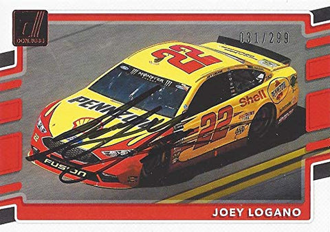 AUTOGRAPHED Joey Logano 2018 Panini Donruss Racing (#22 Pennzoil Penske Team) Red Parallel Insert Signed NASCAR Collectible Trading Card with COA #031/299