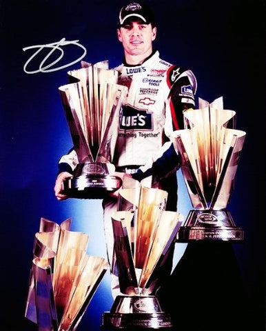 AUTOGRAPHED 2009 Jimmie Johnson #48 Lowe's Racing Team 4X CHAMPION (Trophy Pose) Signed NASCAR 8X10 Glossy Photo with COA