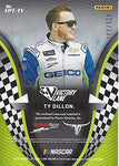 AUTOGRAPHED Ty Dillon 2018 Panini Victory Lane Racing ENGINEERED TO PERFECTION (Race-Used Firesuit & Tire) #13 Geico Team Dual Relic Insert Signed NASCAR Collectible Trading Card with COA #321/399