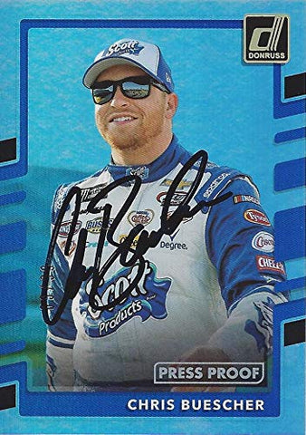 AUTOGRAPHED Chris Buescher 2018 Panini Donruss Racing RARE PRESS PROOF (JTG Daugherty Team) Monster Cup Series Insert Signed NASCAR Collectible Trading Card with COA #03/99