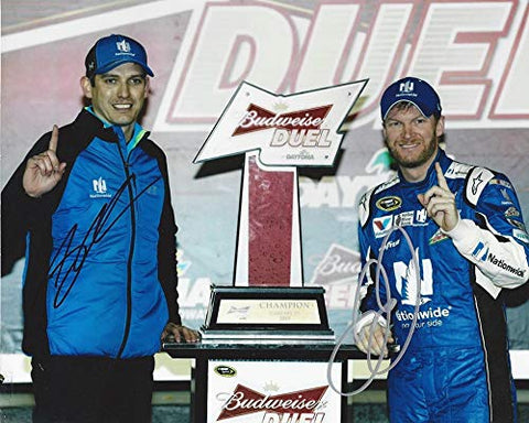 2X AUTOGRAPHED 2015 Dale Jr. & Greg Ives #88 Nationwide DAYTONA BUDWEISER DUEL WIN (Victory Lane) Signed Picture 8X10 NASCAR Photo with COA