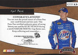 AUTOGRAPHED Kurt Busch 2006 Press Pass Legends Racing CHAMPIONS THREADS & TREADS (Race-Used Firesuit & Tire) #2 Miller Lite Penske Dual Relic Signed NASCAR Collectible Trading Card with COA #241/399