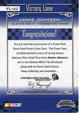 AUTOGRAPHED Jimmie Johnson 2006 Press Pass Legends Racing VICTORY LANE DUAL RELIC (Race-Used Firesuit & Win Tires) Brickyard Win Rare Insert Signed NASCAR Collectible Trading Card with COA #92/99