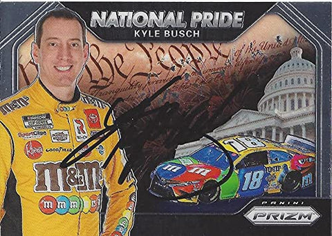 AUTOGRAPHED Kyle Busch 2020 Panini Prizm NATIONAL PRIDE (#18 M&Ms Team) Joe Gibbs Racing NASCAR Cup Series Signed Collectible Trading Card with COA