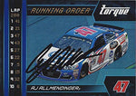 AUTOGRAPHED AJ Allmendinger 2017 Panini Torque Racing RUNNING ORDER (#47 Kroger Team) JTG Daugherty Team Insert Signed NASCAR Collectible Trading Card with COA