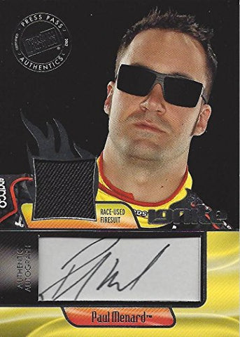 PAUL MENARD 2012 Press Pass Racing IGNITE AUTOGRAPH (Race-Used Firesuit) Relic Memorabilia Insert Signed NASCAR Trading Card
