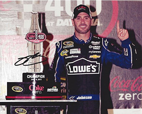AUTOGRAPHED 2013 Jimmie Johnson #48 Team Lowes Racing DAYTONA COKE ZERO 400 RACE WIN (Victory Lane Trophy) Hendrick Motorsports Signed Collectible Picture NASCAR 8X10 Inch Glossy Photo with COA