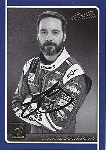AUTOGRAPHED Jimmie Johnson 2018 Panini Donruss Racing STUDIO BLUE BORDER (#48 Lowes Team) Hendrick Motorsports Insert Signed NASCAR Collectible Trading Card with COA