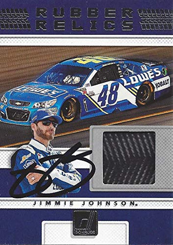 AUTOGRAPHED Jimmie Johnson 2018 Panini Donruss RUBBER RELICS (Race-Used Tire Piece) #48 Lowes Team Hendrick Motorsports Insert Signed NASCAR Collectible Trading Card with COA