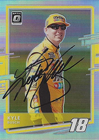 AUTOGRAPHED Kyle Busch 2021 Panini Donruss Optic RARE PRIZM (#18 M&Ms Team) Joe Gibbs Racing NASCAR Cup Series Signed Collectible Trading Card with COA