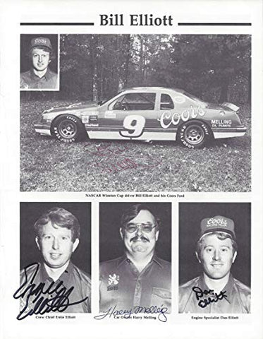 4X AUTOGRAPHED Bill Elliott/Harry Melling/Ernie Elliott/Dan Elliott (#9 Coors Car) Winston Cup Series ELLIOTT FAMILY RACING TEAM Rare Vintage Signed 9X11 Inch NASCAR Magazine Page with COA
