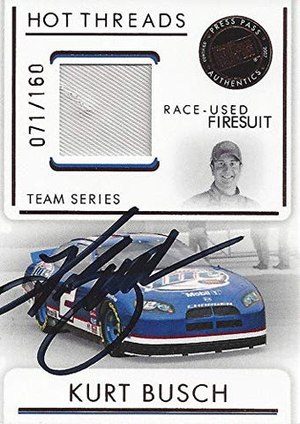 AUTOGRAPHED Kurt Busch 2007 Press Pass Premium Racing HOT THREADS (Race-Used Firesuit) #2 Miller Lite Team Penske Relic Insert Signed NASCAR Collectible Trading Card with COA #071/160