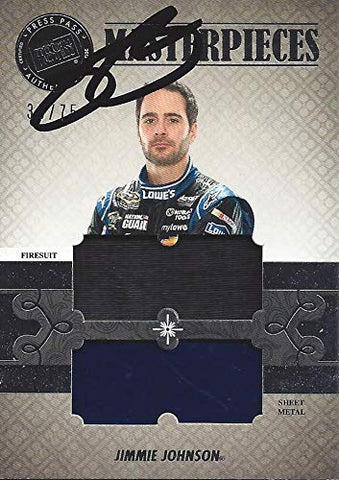 AUTOGRAPHED Jimmie Johnson 2013 Press Pass Showcase Racing MASTERPIECES (Race-Used Firesuit & Metal) Hendrick Motorsports Dual Relic Insert Signed NASCAR Collectible Trading Card with COA #/75