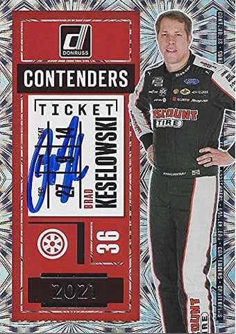 AUTOGRAPHED Brad Keselowski 2021 Panini Donruss CONTENDERS TICKET (#2 Discount Tire Racing) Team Penske NASCAR Cup Series Insert Signed Collectible Trading Card with COA
